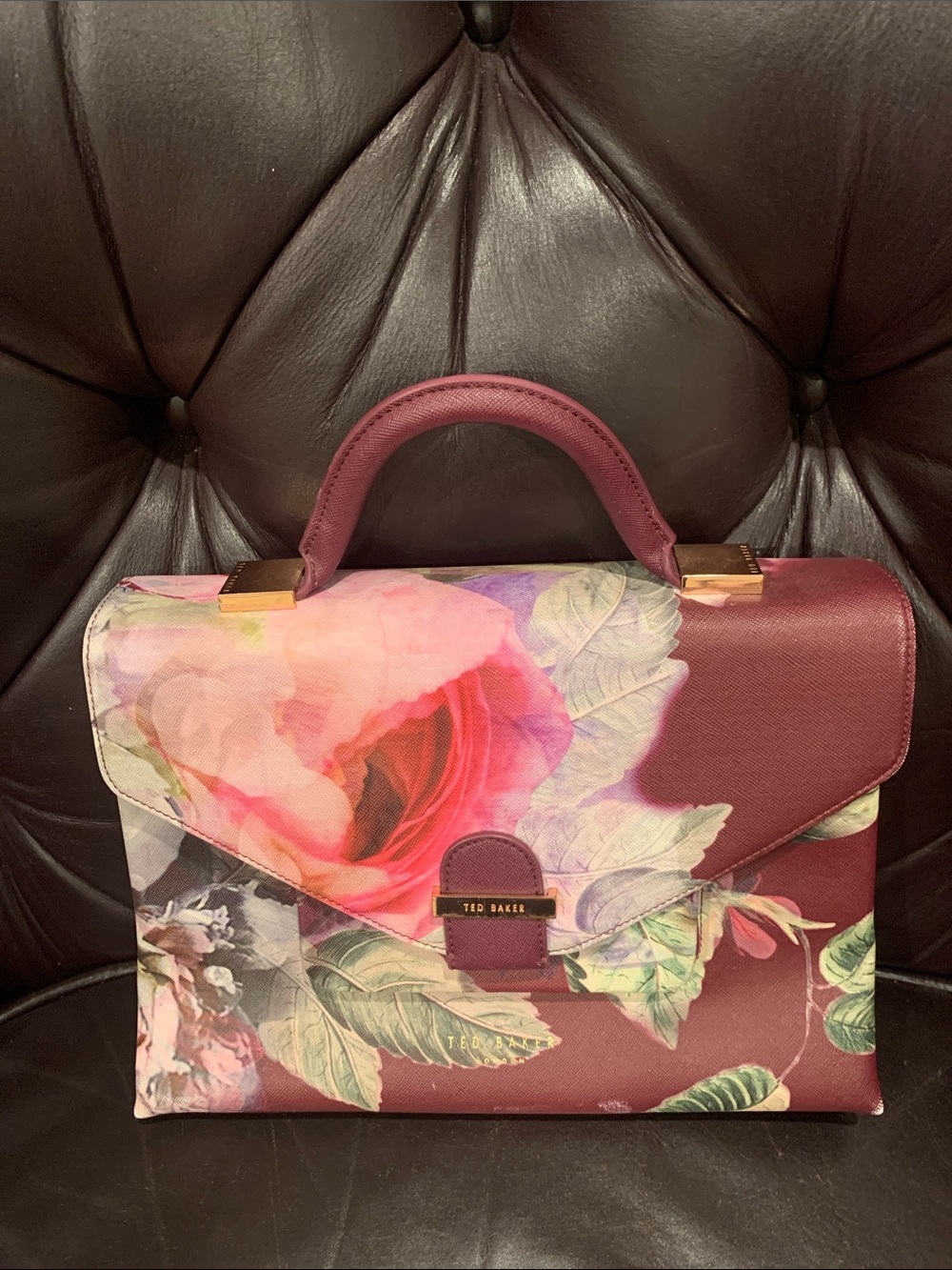 Ted Baker Burgundy Floral Top Handle Satchel with Rose Motif